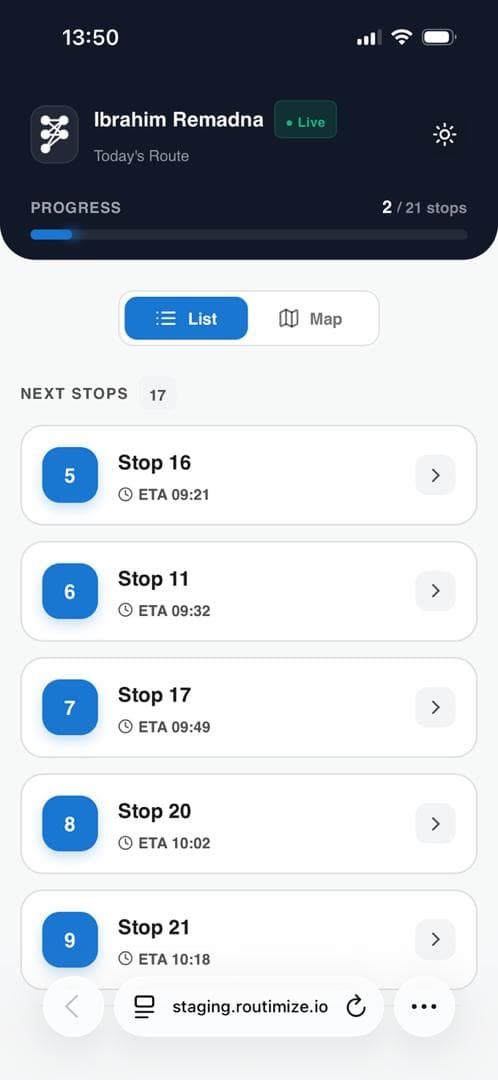 Driver mobile app routes